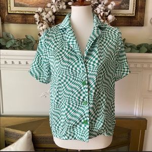 Lisa Says Gah green warp check blouse M